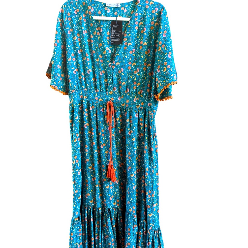 R.Vivimos‎ New With Tags Teal Floral Midi Dress V Neck Short Sleeves Size Large